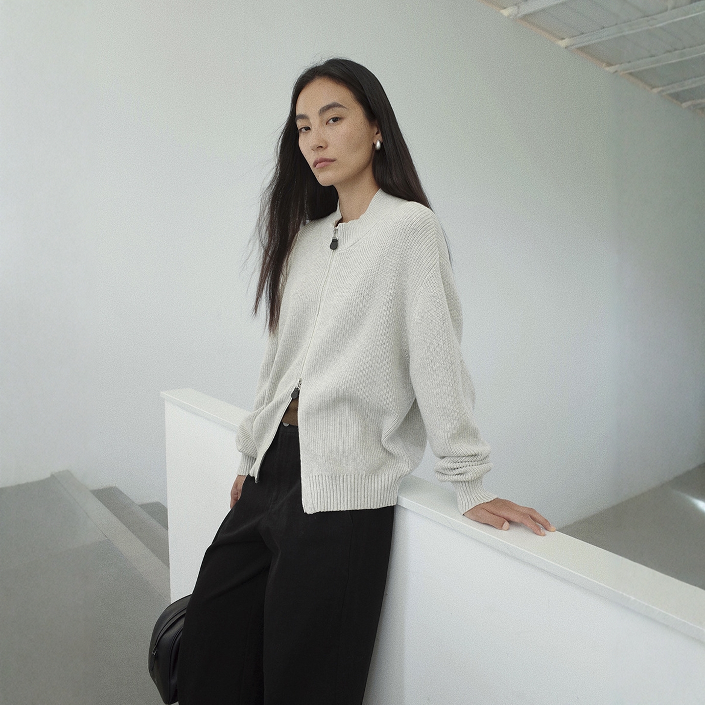 时尚通勤螺纹双拉链纯棉毛衣开衫