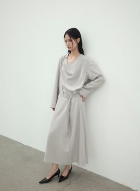 FN爱与南希2025冬季荡领莱塞尔拼接百搭设计感长袖连衣裙女03536