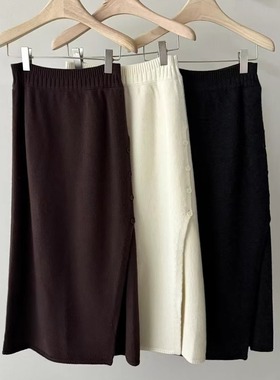 FN爱与南希2024秋冬螺纹松紧腰侧面纽扣开叉羊毛针织包臀裙41236