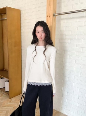 广州十三行2025冬季清新甜美蕾丝拼接修身百搭圆领打底衫女04041