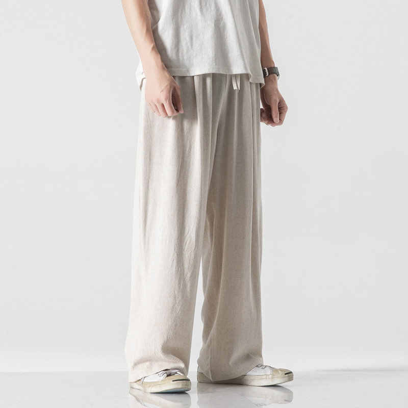 中国风亚麻裤子男夏薄款大码休闲九分裤男款直筒棉麻八分阔腿裤潮