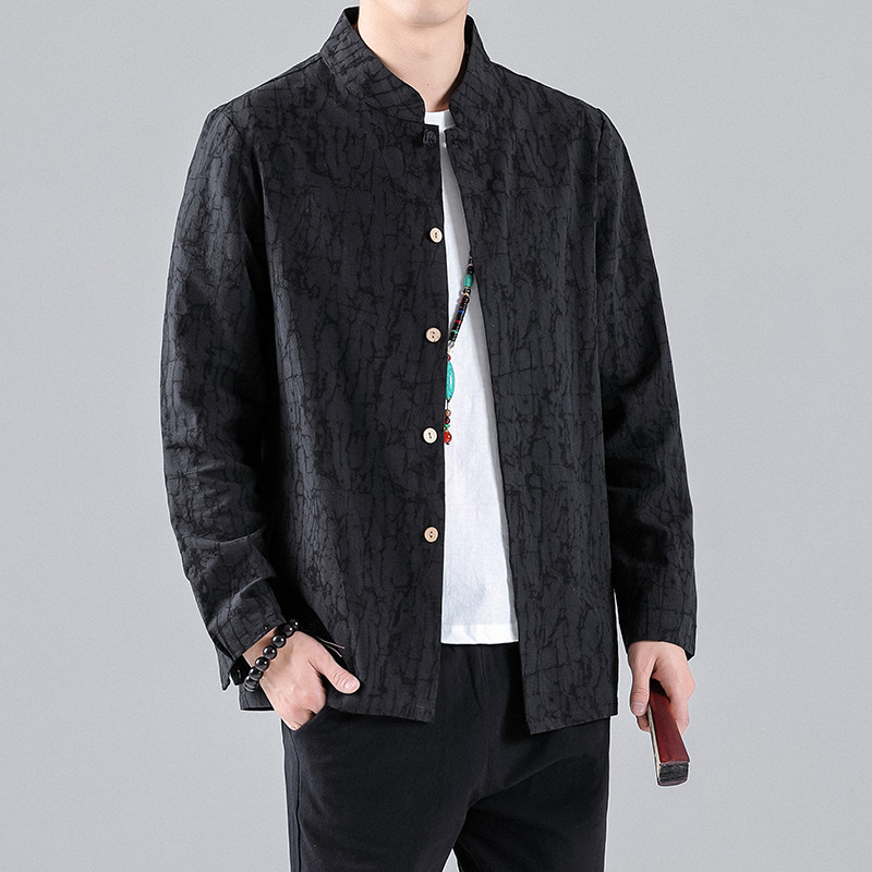 秋季民族复古中式棉麻提花盘扣衬衫古风亚麻立领休闲长袖暗扣衬衣