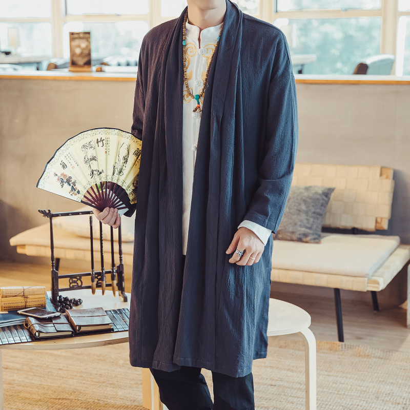 中国风男装古风棉麻汉服披风春秋宽松大码中长款风衣禅服道袍长衫