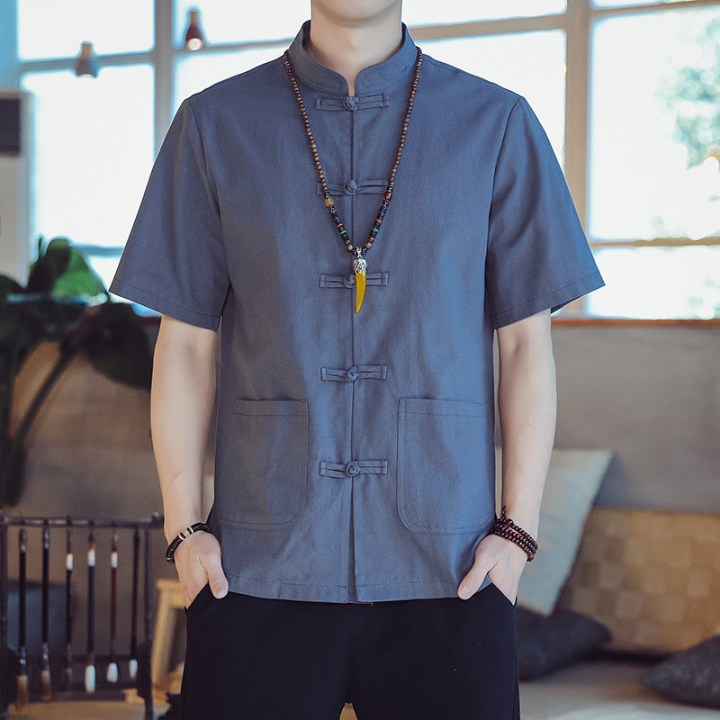对襟褂子带兜中国风茶服短袖衬衫