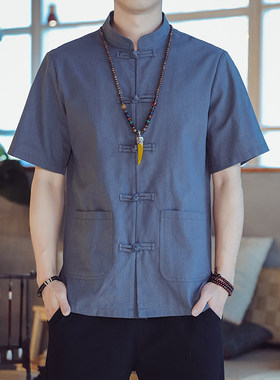 对襟褂子带兜中国风茶服短袖衬衫