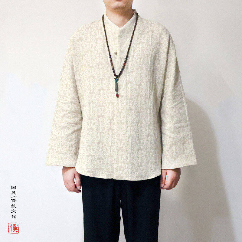 春款中国风汉服道袍衬衫男士棉麻中式提花唐装大码宽松外套