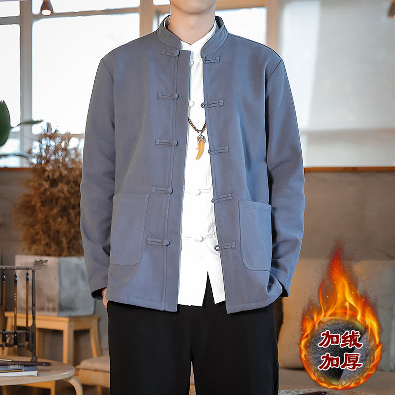 中国风唐装加绒加厚外套男秋冬季白色长袖衬衫潮牌大码中山装夹克
