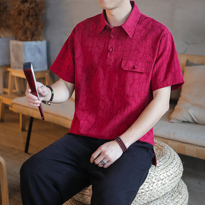 亚麻翻领t恤男士夏季薄款polo衫短袖中国风大码男装棉麻唐装半袖