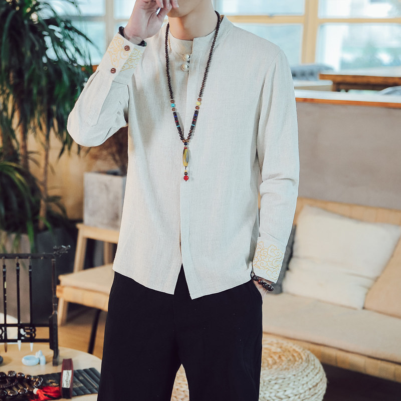 亚麻长袖衬衫外套男秋季中国风男装衬衣中式立领男士棉麻唐装上衣