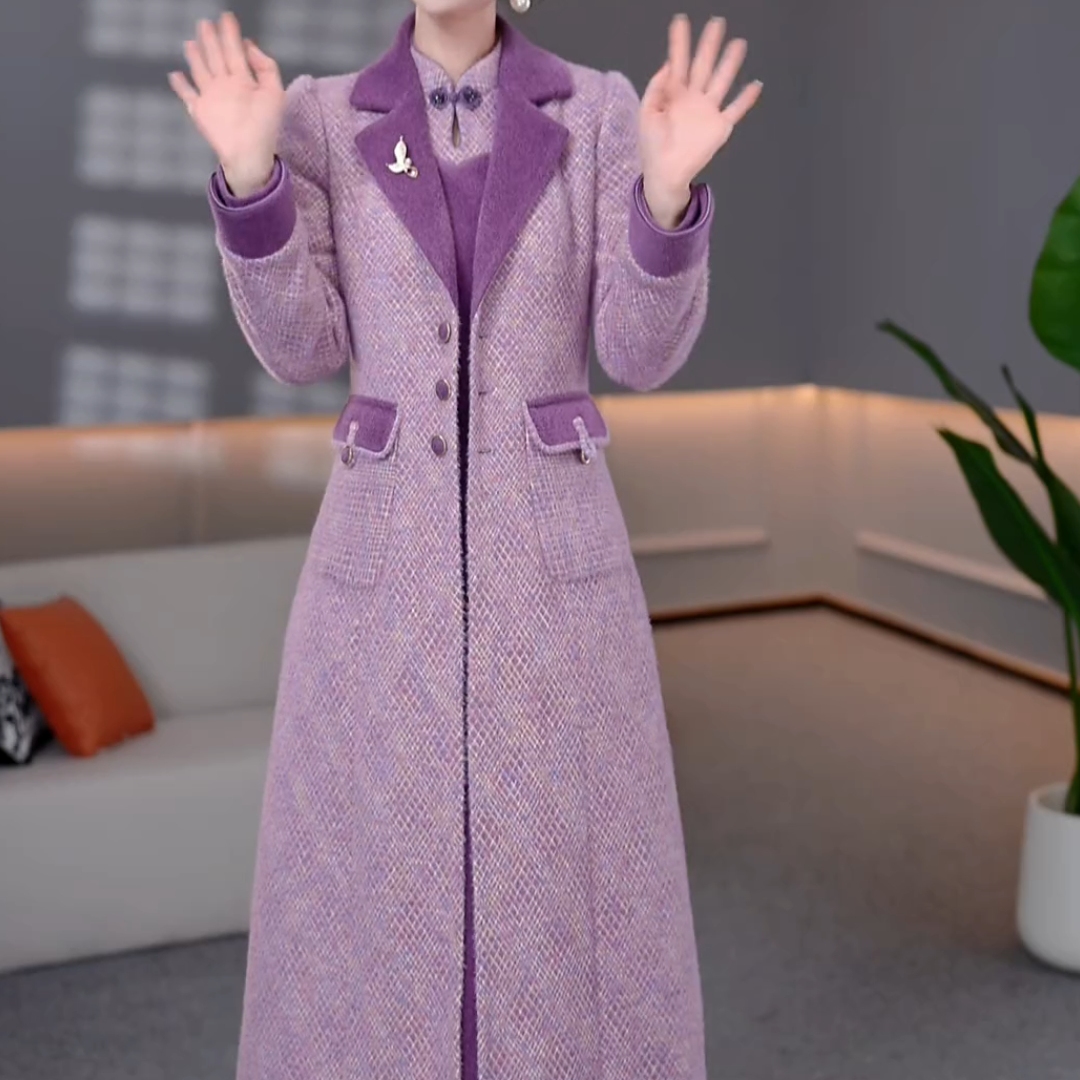 加绒加厚毛呢外套连衣裙两件套2025冬季新款收腰气质保暖高级套装