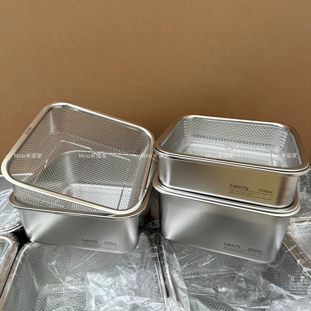 304不锈钢保鲜盒套装冰箱食品级水果沥水盒备蔬菜腌肉滤水方形盘图片