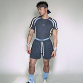 2025SS灰蓝色贴布多结构拼接短袖 复古双层腰带运动 男美式 短裤 套装