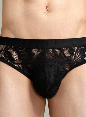 新款男士蕾丝三角内裤seobean希宾黑色白色性感短裤透明低腰薄款