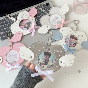 ins少女天使爱心翅膀吧唧卡套学生谷美 圆形徽章保护套挂件卡包