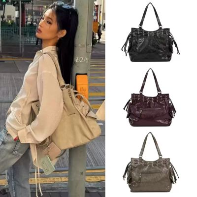 国内现货deinet包包铆钉拉链抽绳机车包大容量托特包手提单肩包女