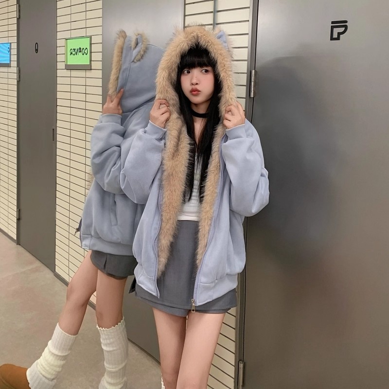 蓝色座山雕猫耳朵连帽外套冬季