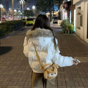 美式大毛领连帽羽绒棉服女冬季新款小个子保暖夹棉袄加厚短款外套