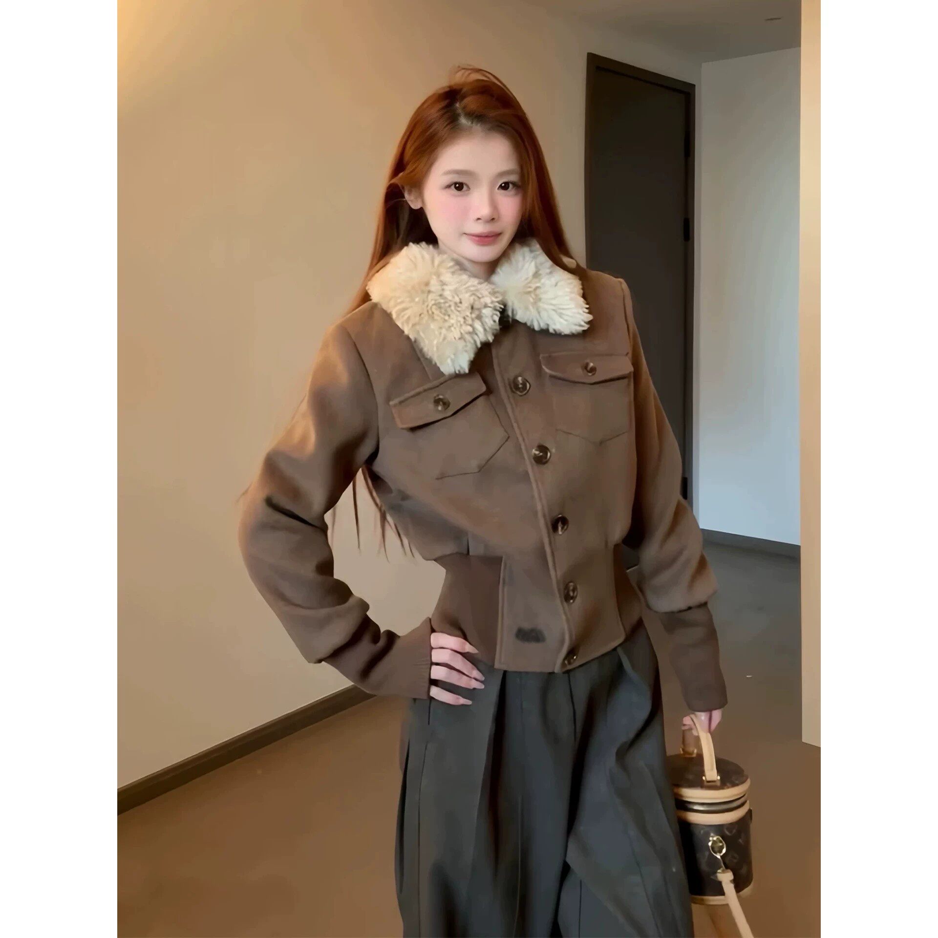 美式复古毛毛翻领棉服女冬季新款修身小个子咖色短款毛呢上衣外套