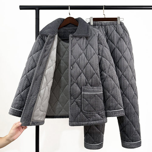 男士珊瑚绒三层夹棉加厚加绒睡衣