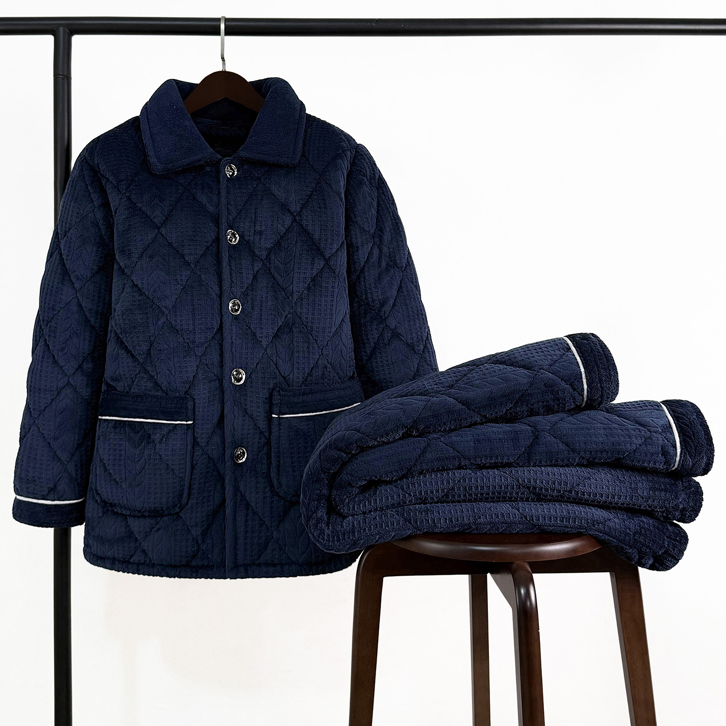 男三层加厚加绒中老年人睡衣套装