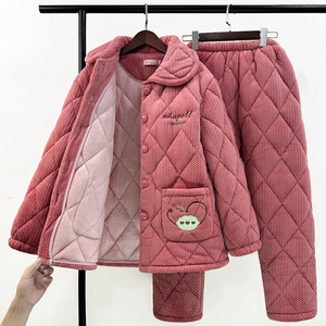 睡衣女秋冬季中年人棉袄三层加厚加绒珊瑚绒保暖妈妈家居服可外穿