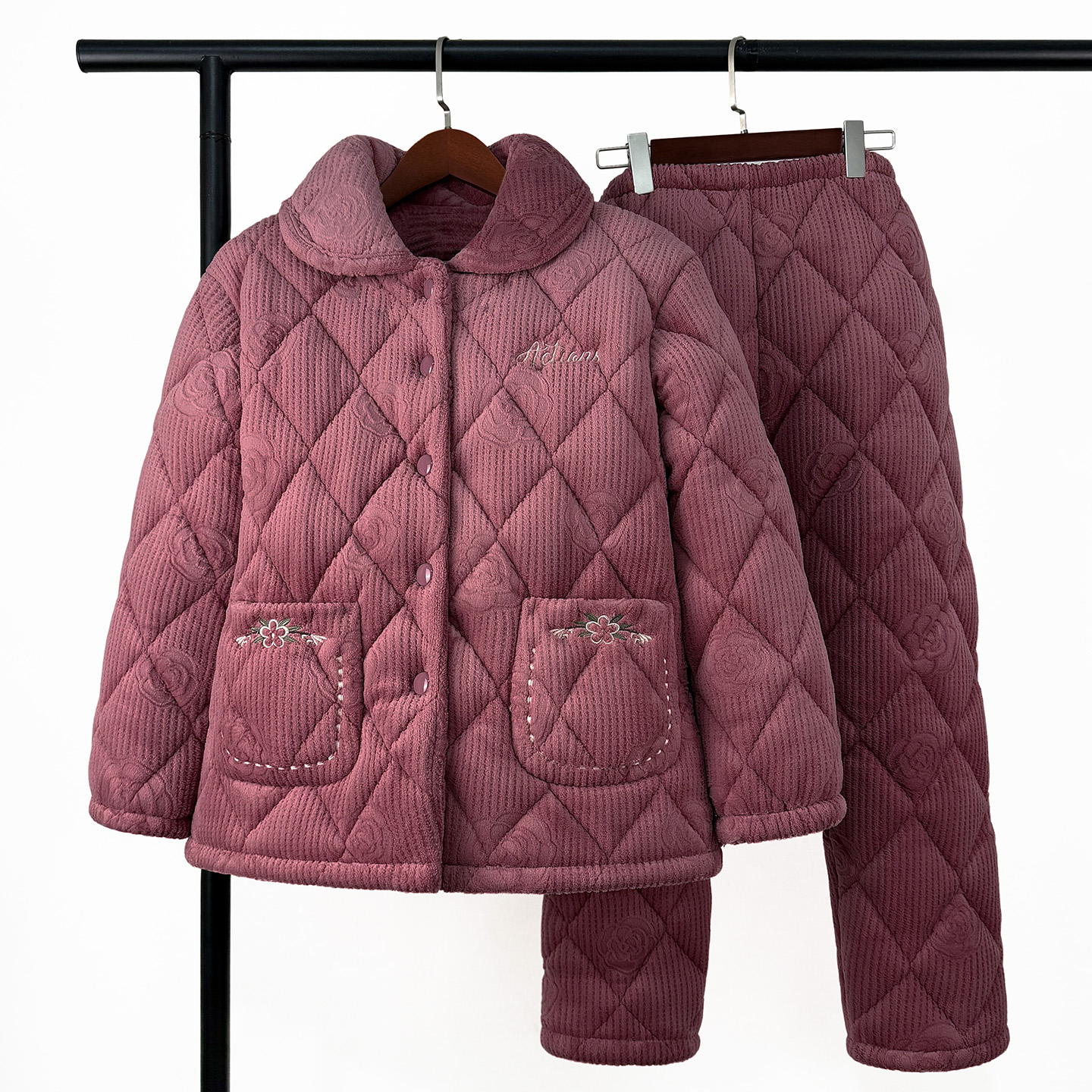 睡衣女士中老年秋冬珊瑚三层夹棉