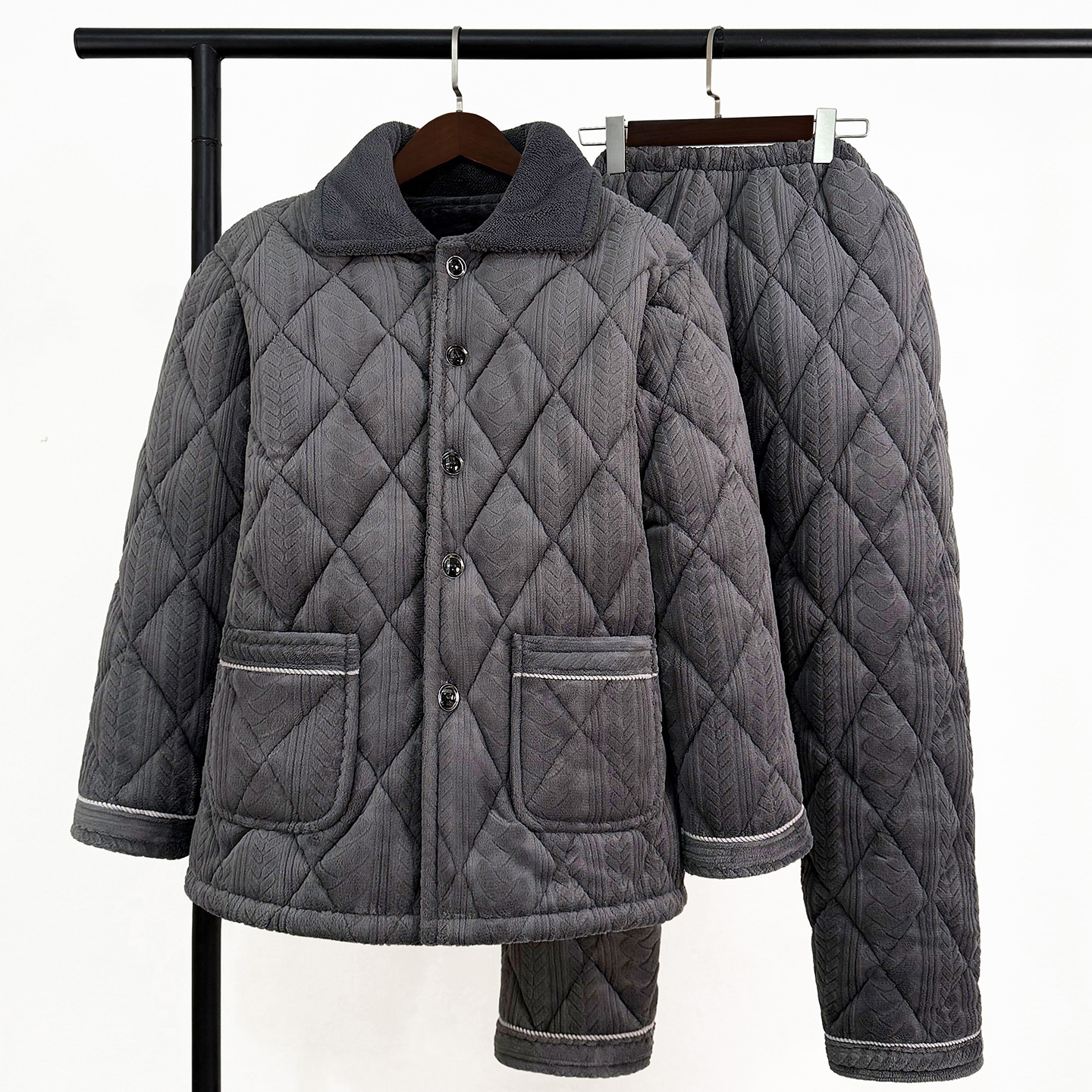 男士秋冬季睡衣加厚加绒保暖三层夹棉中老年爸爸珊瑚绒家居服套装