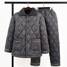 男士秋冬季睡衣加厚加绒保暖三层夹棉中老年爸爸珊瑚绒家居服套装