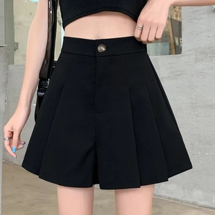 A字休闲热裤 2022夏季 女高腰外穿显瘦百褶阔脚裤 大码 胖mm黑色短裤