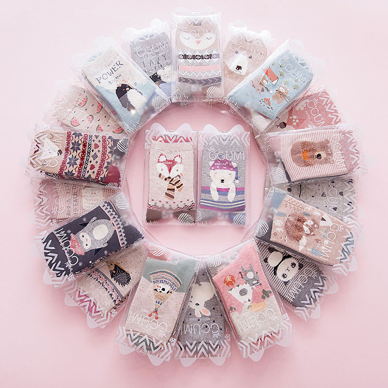 春季女袜日系卡通中筒袜子甜美学生袜全棉可爱AB对袜2双盒装韩版