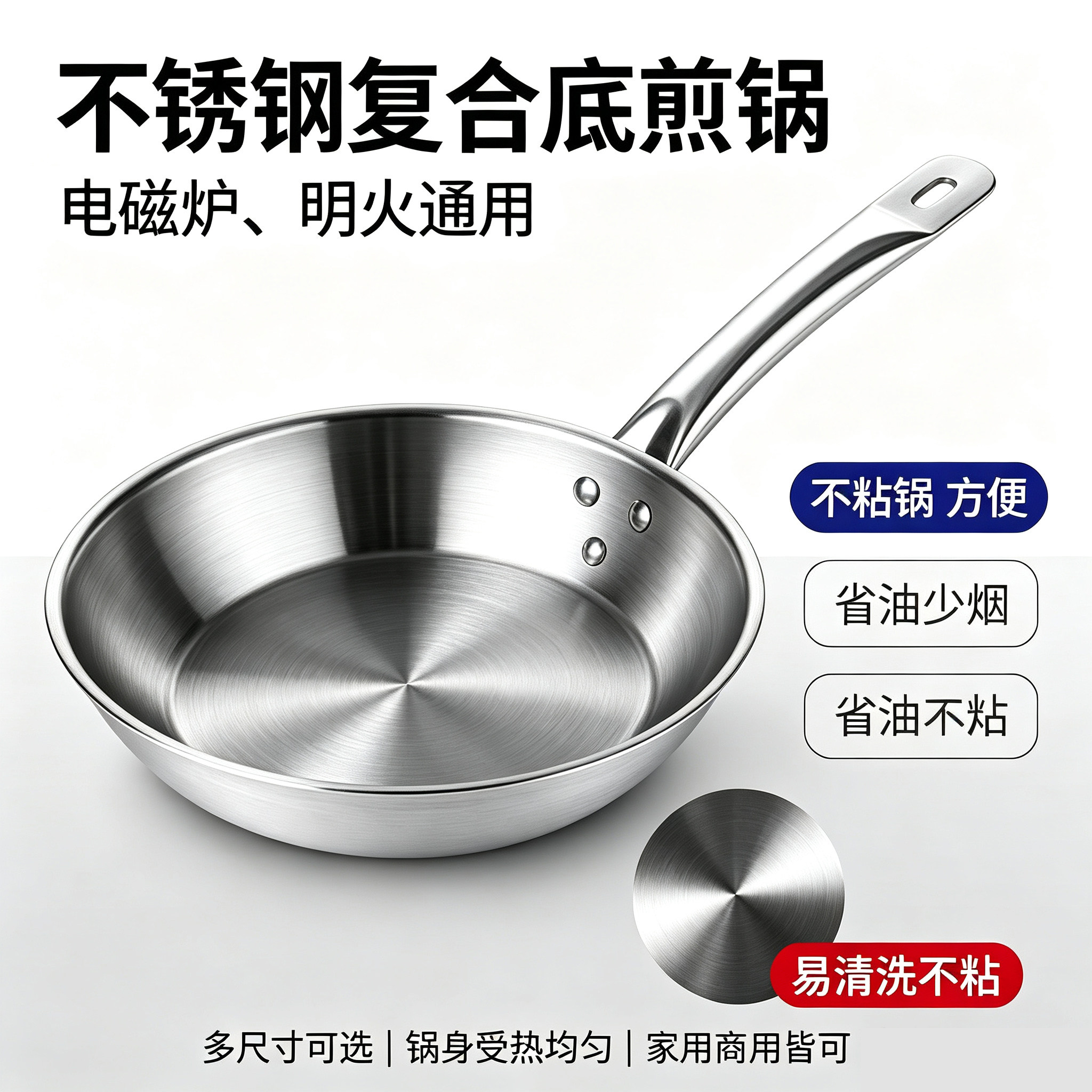 不锈钢平底煎锅复合底不鼓底特氟龙不沾无涂层牛排煎鱼蛋煎锅商用