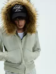 Whistlehunter Wang Lujie and Zhang Junhao's Same Style Detachable Fur Collar Washed Vintage Zipper Hoodie