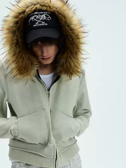 Whistlehunter Wang Lujie and Zhang Junhao's Same Style Detachable Fur Collar Washed Vintage Zipper Hoodie