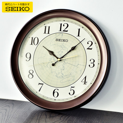 SEIKO日本精工时钟14英寸棕色现代简约地图钟面客厅卧室石英挂钟