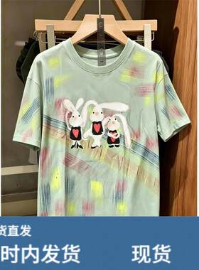 绿色圆领正肩短袖T恤女夏季欧货宽松显瘦彩色扎染兔子印花上衣潮