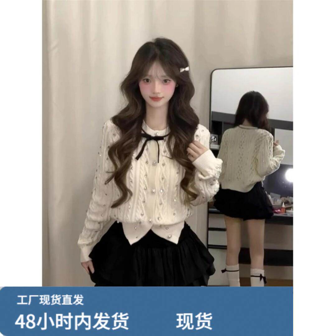 小香风蝴蝶结麻花针织开衫上衣女秋冬设计感白色甜美气质毛衣外套