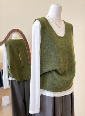 欧货绿色浣熊绒毛衣马甲背心女春秋叠穿后背开叉无袖针织坎肩上衣