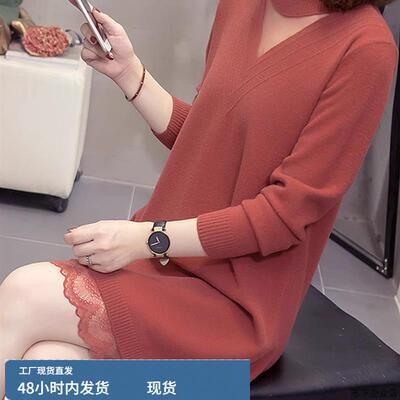 秋冬新款大码女装高级感轻奢名媛气质蕾丝针织连衣裙巨显瘦毛衣裙