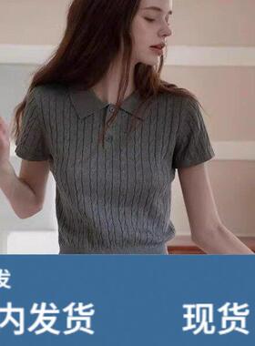 复古灰色polo领针织短袖女夏季新款高级感显瘦麻花正肩短款上衣潮