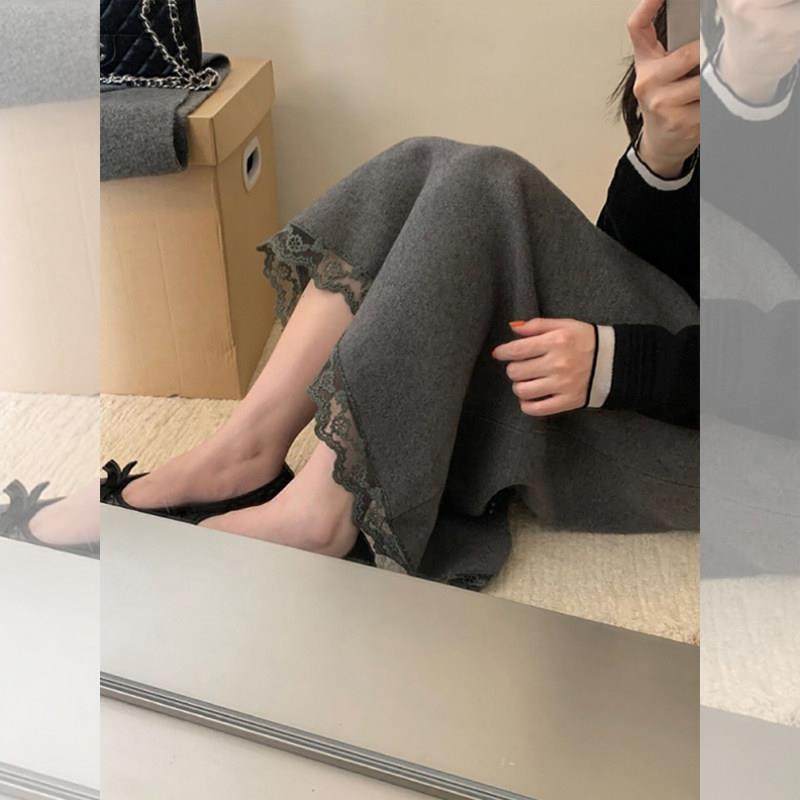 韩系蕾丝拼接灰色针织半身裙女秋冬高级感加厚直筒裙显瘦中长裙子