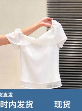 法式一字肩白色雪纺短袖上衣女夏高级感设计感小众衬衫