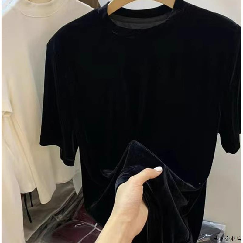 黑色圆领短袖T恤女春秋欧货新款高端丝绒金丝绒修身显瘦短款上衣