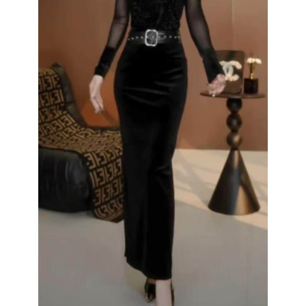 时装腰带拼接黑色气质2025秋冬季新款丝绒高腰显瘦中长半身裙女装,运动/瑜伽/健身/球迷用品,瑜伽短裙,淘宝优惠券,粉丝福利购,淘宝优惠卷