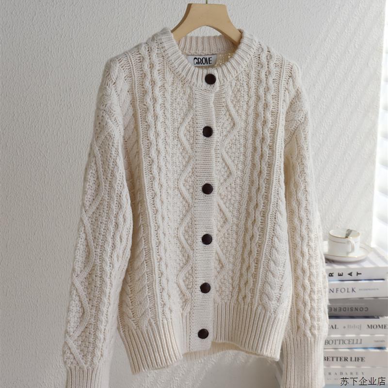 韩版粗针麻花圆领针织开衫女秋冬新款宽松显瘦百搭毛衣外套上衣