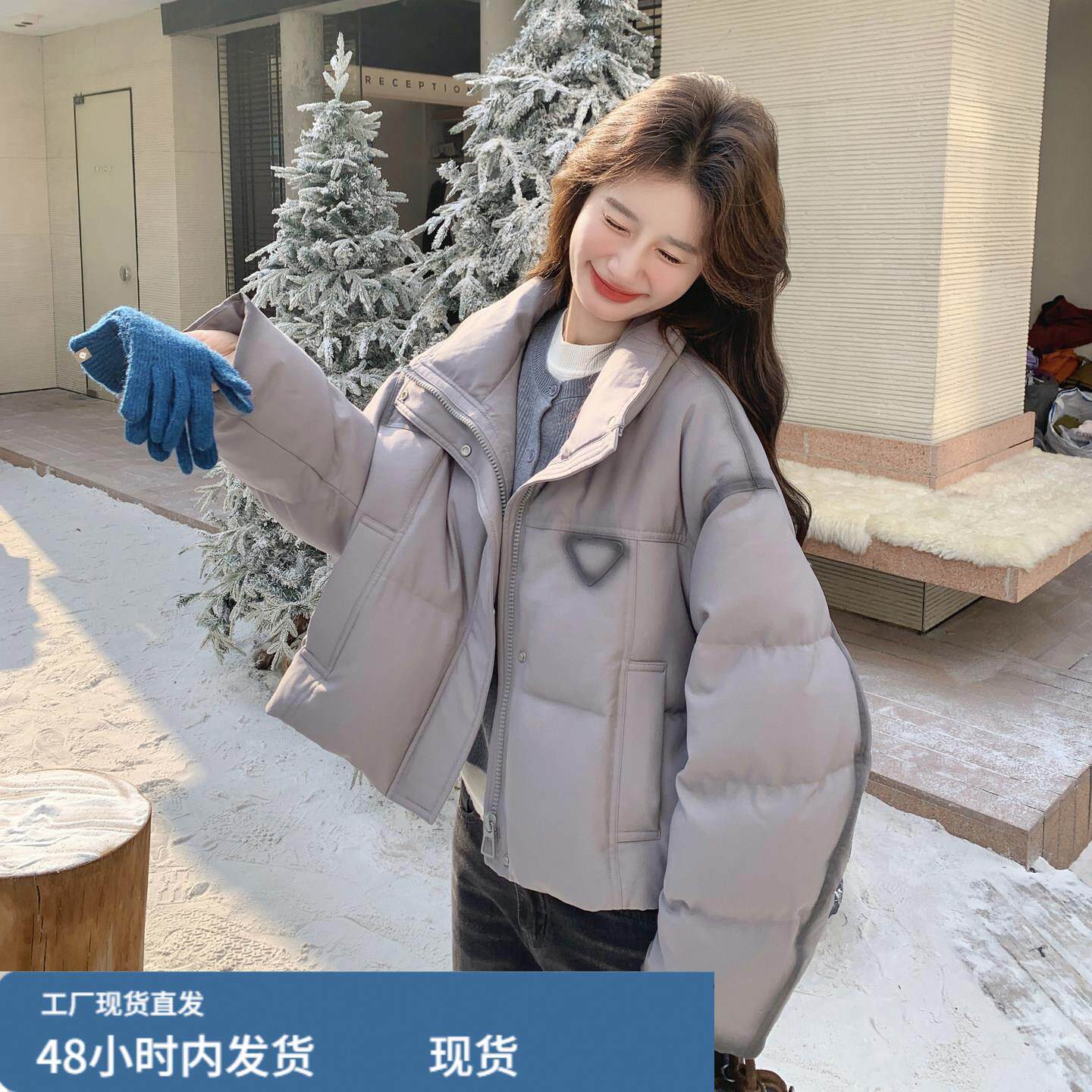 2025新款冬季复古设计感灰色立领羽绒服女韩版高级感90白鸭绒外套