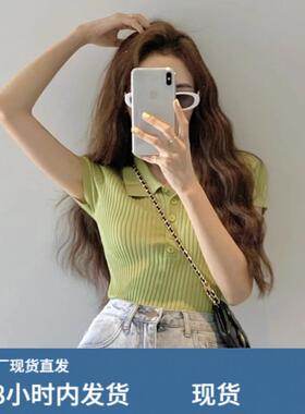 别致漂亮绿色polo翻领正肩短袖t恤女夏季薄款冰丝针织衫短款上衣