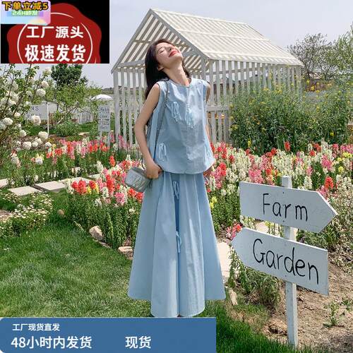 蓝色减龄无袖套装女2025夏季新款独特漂亮背心上衣半身裙两件套