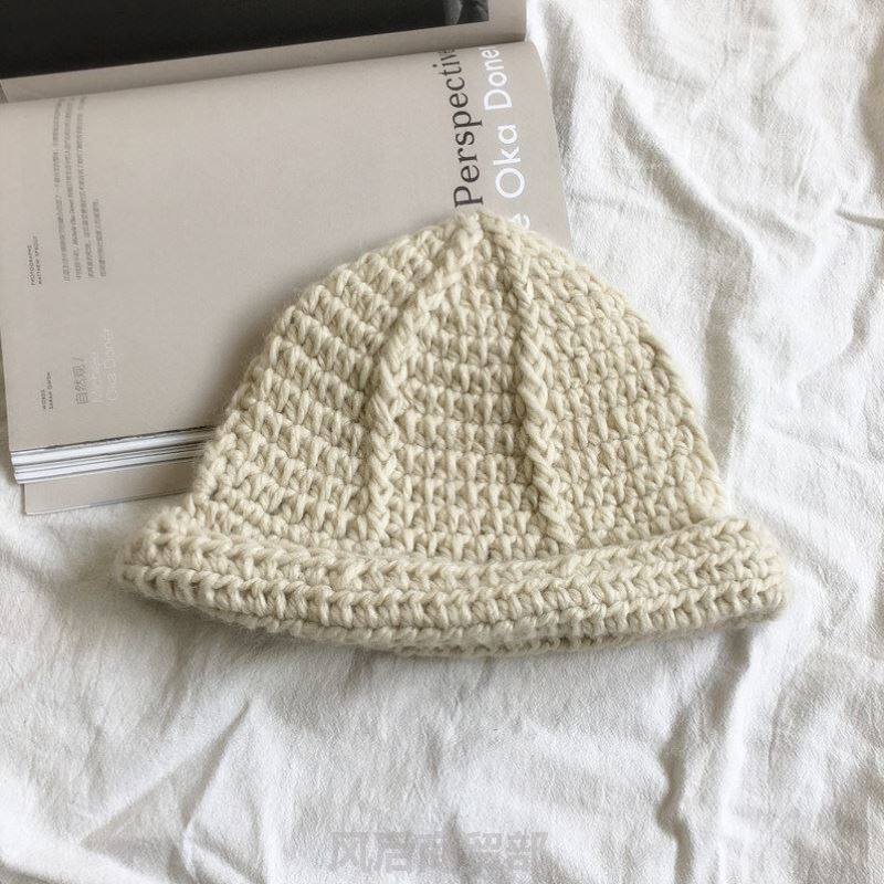 纯手工钩针韩版纯色毛线帽子女秋冬保暖尖尖卷边休闲百搭针织帽男