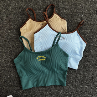 螺纹小吊带运动文胸女固定杯撞色细带健身美背瑜伽普拉提外穿背心
