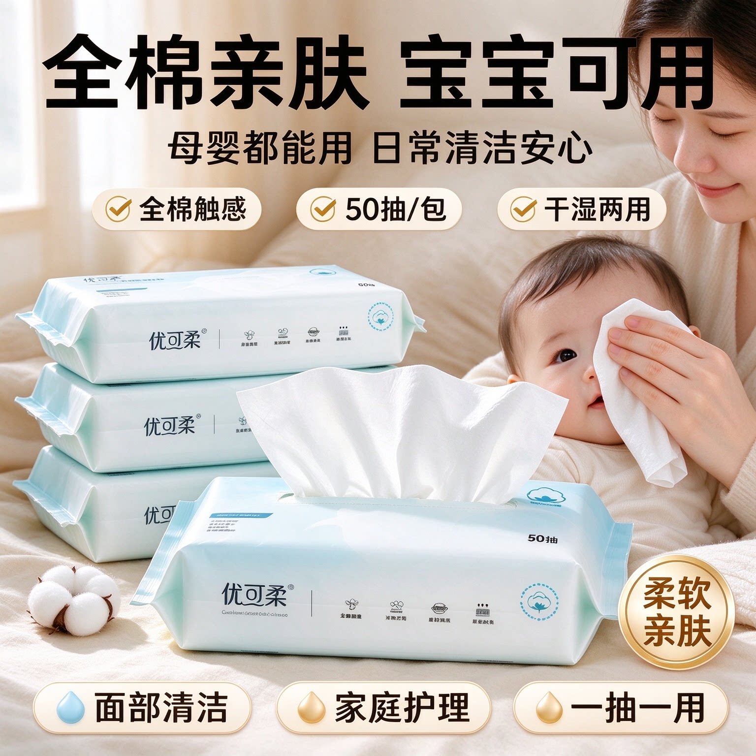 优可柔100%棉洗脸巾母婴适用全棉柔巾便携清洁棉柔巾